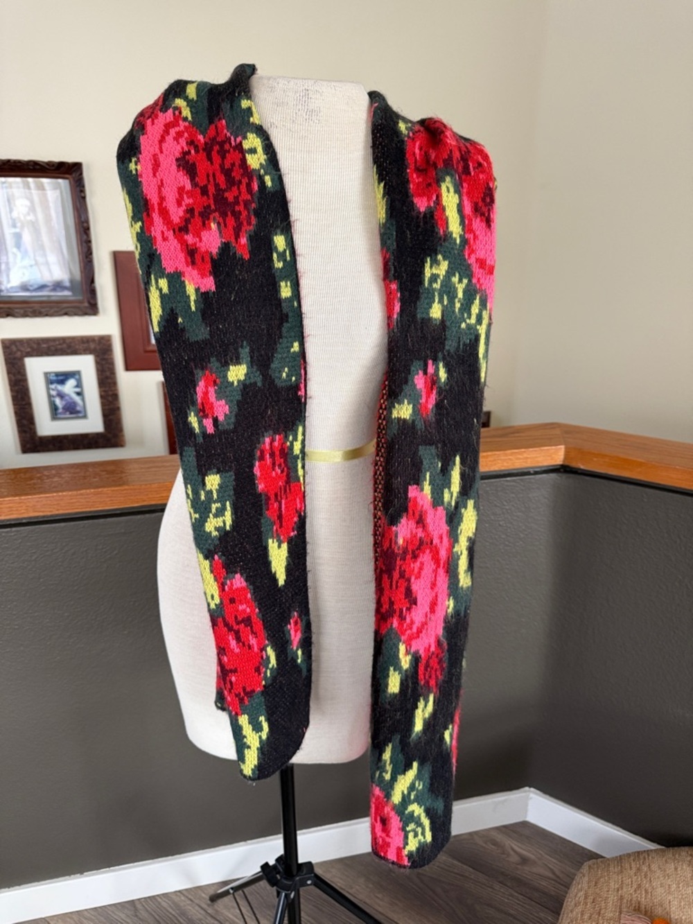 Betsey Johnson Black Knit scarf with Red and Pink Floral Print NWT